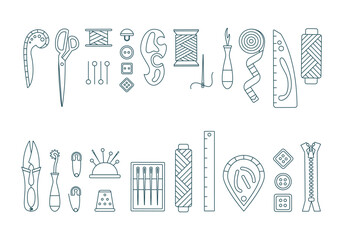 Sewing elements for sewing and needlecraft in outline. Line icons set. Tailoring tools, dressmaker equipment and needlework accessories. Threads, buttons, needle, scissors. Vector illustration