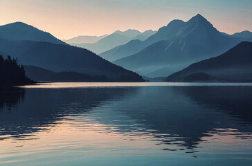 Minimal Silhouette Mountains Overlooking a Lake watercolor painting art illustration
