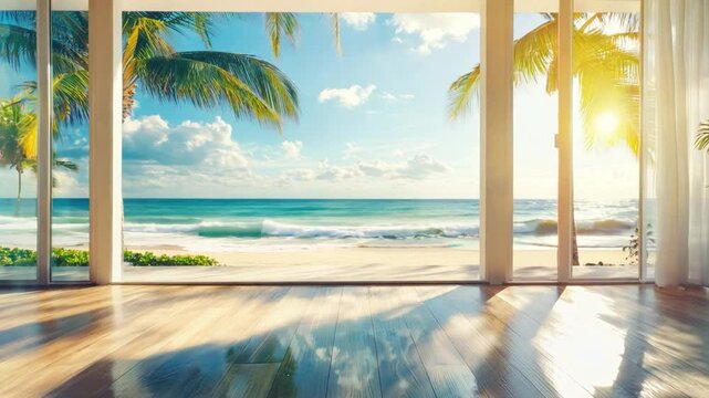 A beautiful living area features expansive windows showcasing a sunny beach and ocean waves