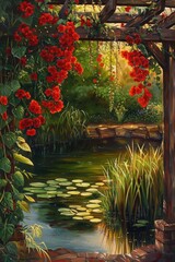 Garden arch with hanging red flowers