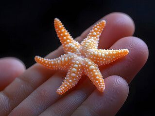 Close-up of a vibrant orange starfish held delicately in a human hand against a dark background.