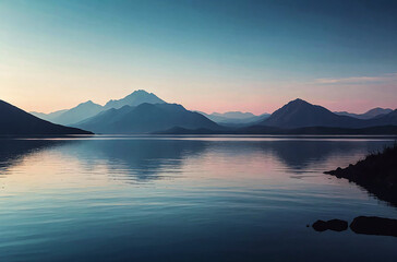 Minimal Silhouette Mountains Overlooking a Lake watercolor painting art illustration
