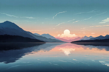 Fototapeta premium Minimal Silhouette Mountains Overlooking a Lake watercolor painting art illustration 