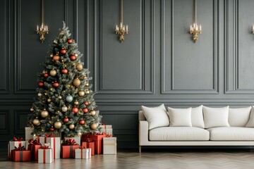 Christmas tree with large decoration and huge amount of gift boxes Mock up