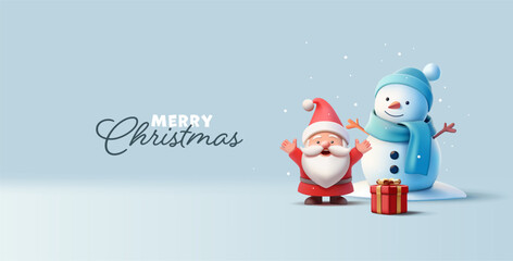 Happy snowman, Santa with raised hands, red gift, 3D. Merry Christmas, celebration banner. Holiday party. Vector illustration.