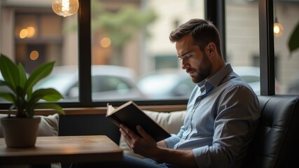 Obraz premium man in shirt reading book sitting at table in coffee shop
