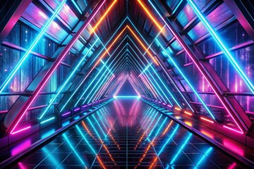 Fototapeta premium Triangular Neon Tunnel Flythrough - Sci-Fi Mirror Structure with Bright Reflections and Glowing Lines in 4K Animation