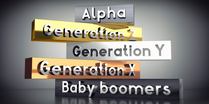 Alpha, Generation Z, Generation Y, Generation X, Baby boomers - 3D illustration