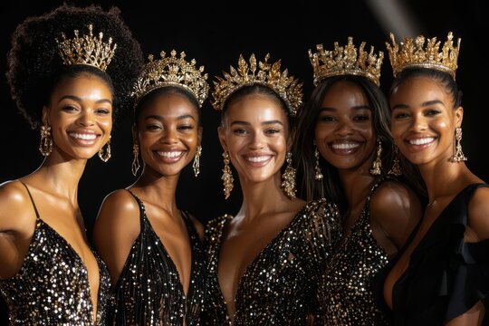 Closeup of Miss Universe contestants posing together in a group shot, each showing off their unique style, Miss Universe group photo, Diverse and vibrant