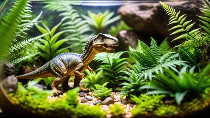 Obraz premium A vibrant terrarium display featuring a dinosaur model walking through a dense green landscape of ferns and succulents.