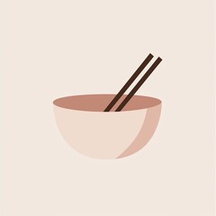 A food bowl with chopsticks, minimalist lines in soft pink and brown, isolated on a light beige background.