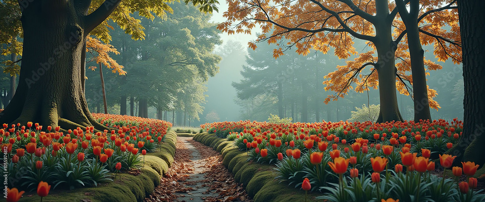 Poster a path through a field of flowers with a few trees in the background. the flowers are orange and the