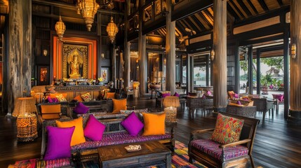 Cozy Thai-style seating area with wooden chairs and colorful textiles, highlighting the warmth of Thai decor.