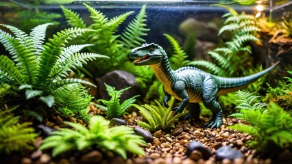 A vibrant terrarium display featuring a dinosaur model walking through a dense green landscape of ferns and succulents.