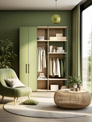 A wardrobe in the apartment in the style of minimalism. Olive green and tan colors concept