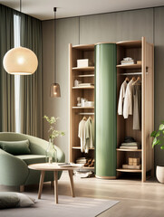 A wardrobe in the apartment in the style of minimalism. Olive green and tan colors concept