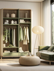 A wardrobe in the apartment in the style of minimalism. Olive green and tan colors concept