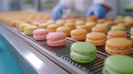 macarons beautifully arranged on a production line in a confectionery factory, showcasing the craftsmanship and vibrant colors of these sweet delicacies