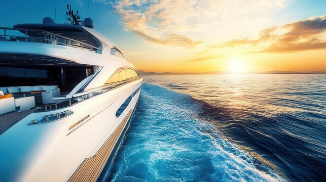 luxurious yacht gliding across the open sea, sunlit waves sparkling around it, conveying a sense of freedom and opulence on the water
