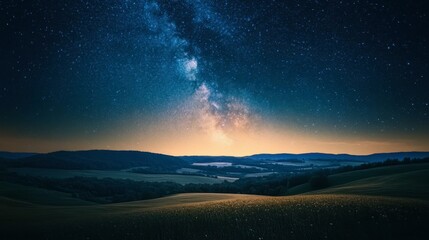 Fototapeta premium A night sky filled with stars and the Milky Way galaxy over a peaceful rural landscape with rolling hills.