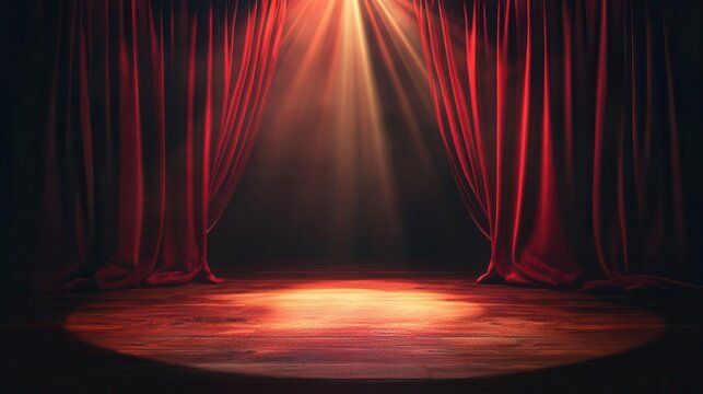 magic theater stage with rich red curtains drawn back, spotlight shining brightly on an empty stage, creating an atmosphere of anticipation and wonder