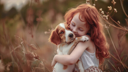 Red-haired girl hugs a puppy

