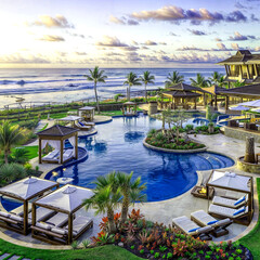 Fototapeta premium Aerial view of luxury resort with swimming pool overlooking ocean, San Jeronimo, Antioquia, Colombia. 