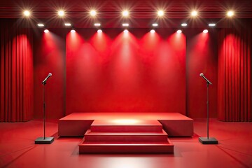 Scene of red stage podium with lighting for award ceremony on red background