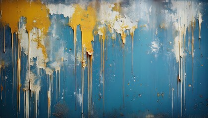 Vibrant Abstract Dripping Paint Texture with Blue and Yellow Layers, Peeling Surface, and Rust Accents. Perfect for Artistic Backgrounds, Industrial Designs, and Vintage Inspired Creative Projects