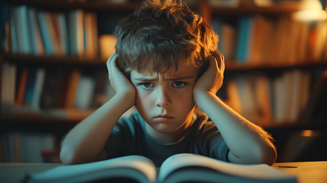 young boy sitting at a desk in a library looks frustrated while staring at an open book, highlighting challenges in learning and concentration. - Powered by Adobe