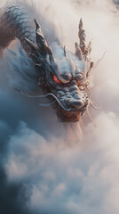 Chinese dragon covered with fog, white atmosphere, fog, Chinese dragon, Taoism, mystical, natural light