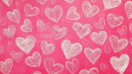 hand-drawn hearts sketched with a pencil on a bold pink background, creating a romantic and playful pattern ideal for celebrations of love, dating, and weddings