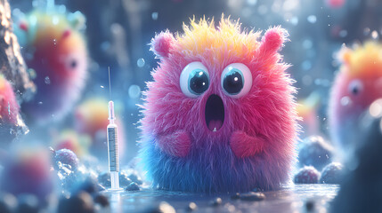 colorful fuzzy creature with wide eyes expresses shock in a laboratory setting, surrounded by similar creatures and a syringe, evoking humor and curiosity. virus