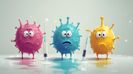 Three virus-like characters in pink, blue, and yellow display anxious expressions while facing syringes on a clean white background, evoking humor and curiosity.