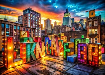 Naklejka premium Urban Exploration of Bright Placard Alphabet in Vibrant Cityscape