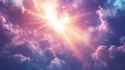 Fototapeta premium heavenly light radiating from above, creating a surreal visualization of divine presence, with ethereal colors and soft textures symbolizing peace and spirituality