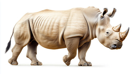 Obraz premium Rhino. Majestic White Rhinoceros Standing Isolated on White Background, Highlighting its Textured Skin and Prominent Horns, Image made using Generative AI