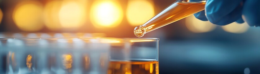 Laboratory hands conducting experiment with pipette and chemicals in glass container, glowing background.