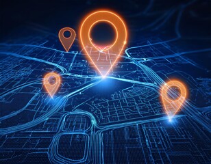 Futuristic digital map with glowing orange location pins floating above a dark blue city grid