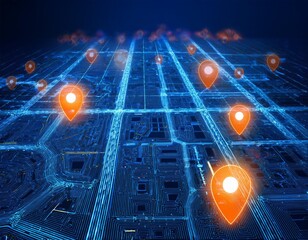Futuristic digital map with glowing orange location pins floating above a dark blue city grid