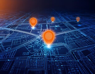 Futuristic digital map with glowing orange location pins floating above a dark blue city grid