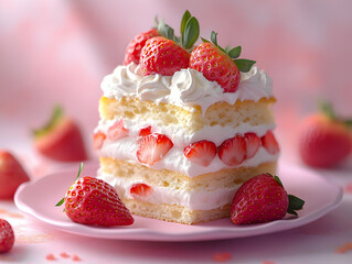 Delicious strawberry shortcake with layers of cream and fresh strawberries on a pink plate.