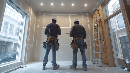 Fototapeta premium Two construction workers in hard hats and tool belts inspect drywall installation in a modern building under bright ceiling lights.