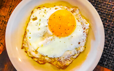 Meal in the restaurant white plate with fried eggs.