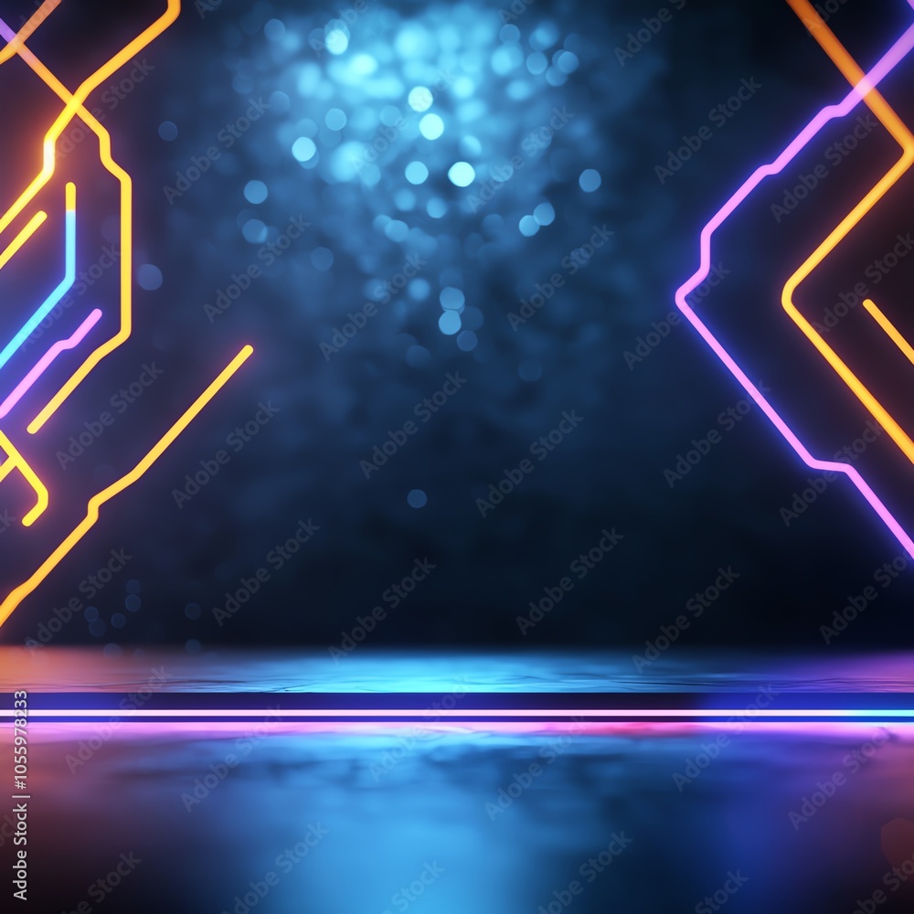 Poster neon abstract lines on dark background, vibrant lighting effects create a dynamic visual experience.
