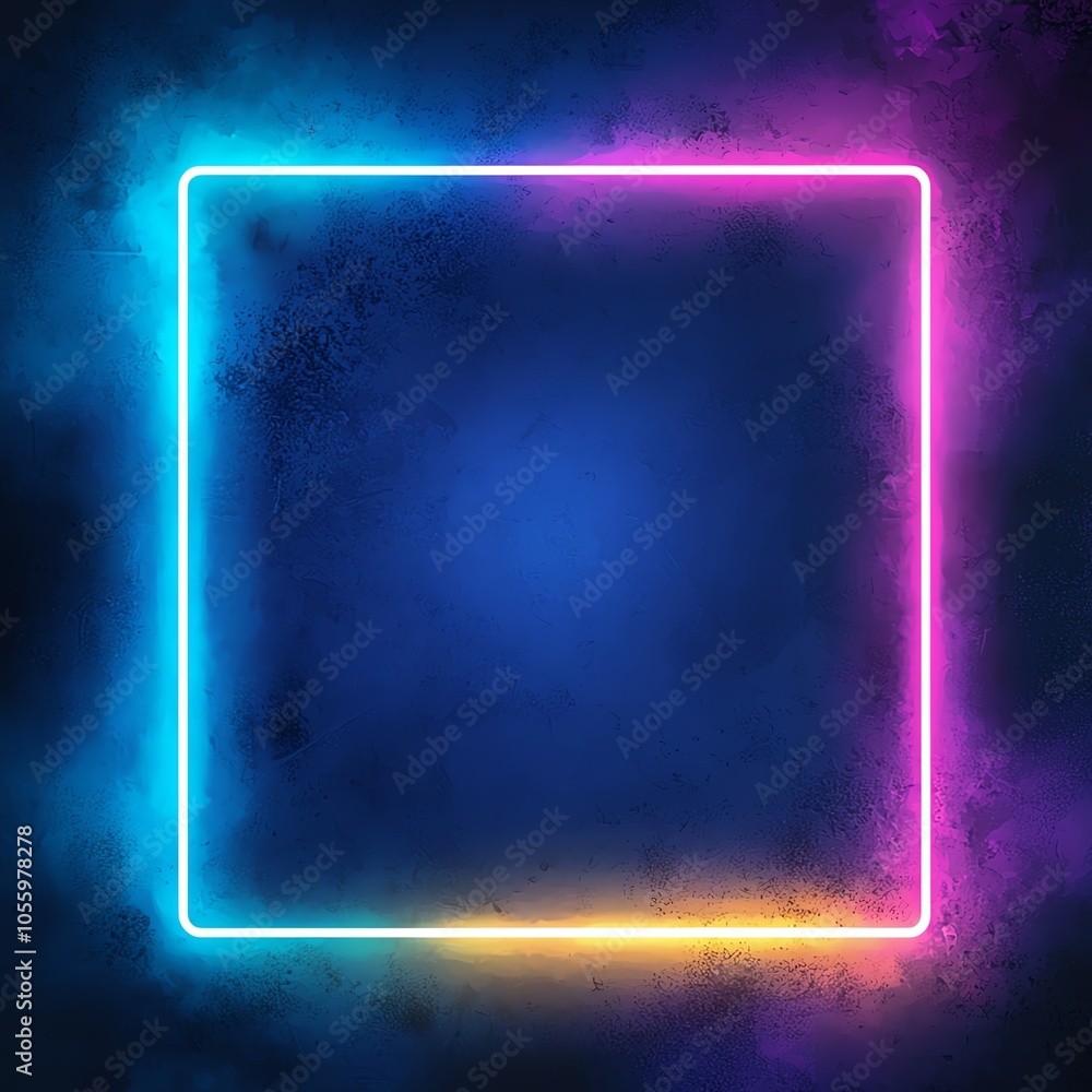 Poster neon glowing square frame on a dark background for creative design projects.