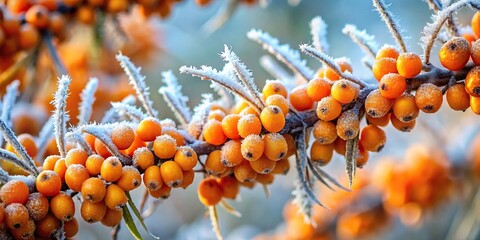 sea buckthorn berries covered in hoarfrost on winter background panoramic