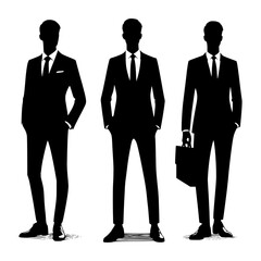 Silhouettes of Three Businessmen in Formal Attire. Model for trailer. Complete dress