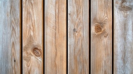 Fototapeta premium Weathered Wood Plank: A close-up of a rustic, weathered wood plank with deep grooves and varying shades of brown and gray. The natural grain patterns create an organic, earthy texture