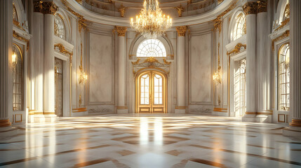 Obraz premium Elegant interior of a grand hall featuring ornate chandeliers and large windows, showcasing classic architectural design.